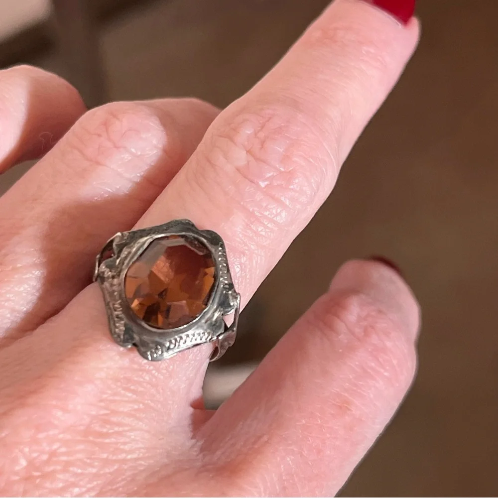 Antique Art Deco 1920’s Sterling Silver pink brown Glass Victorian Signet Ring - Picture 16 of 17